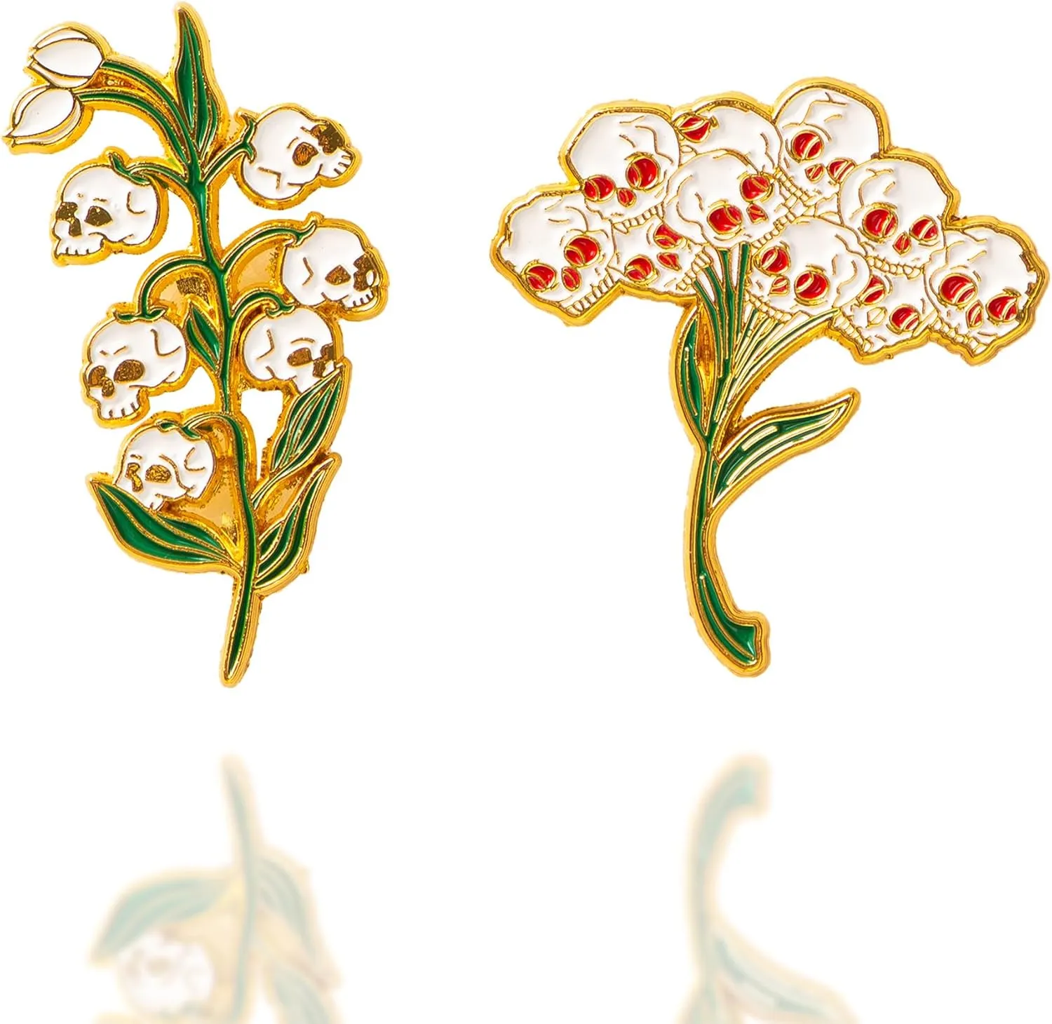 02PCS Lily Of The Valley Skull Lapel Pin Flowers Bouquet Skeleton Goth Enamel Pin Set Punk Brooch Plated Badge For Clothing Bags Lanyards Jewelry