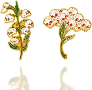 02PCS Lily Of The Valley Skull Lapel Pin Flowers Bouquet Skeleton Goth Enamel Pin Set Punk Brooch Plated Badge For Clothing Bags Lanyards Jewelry