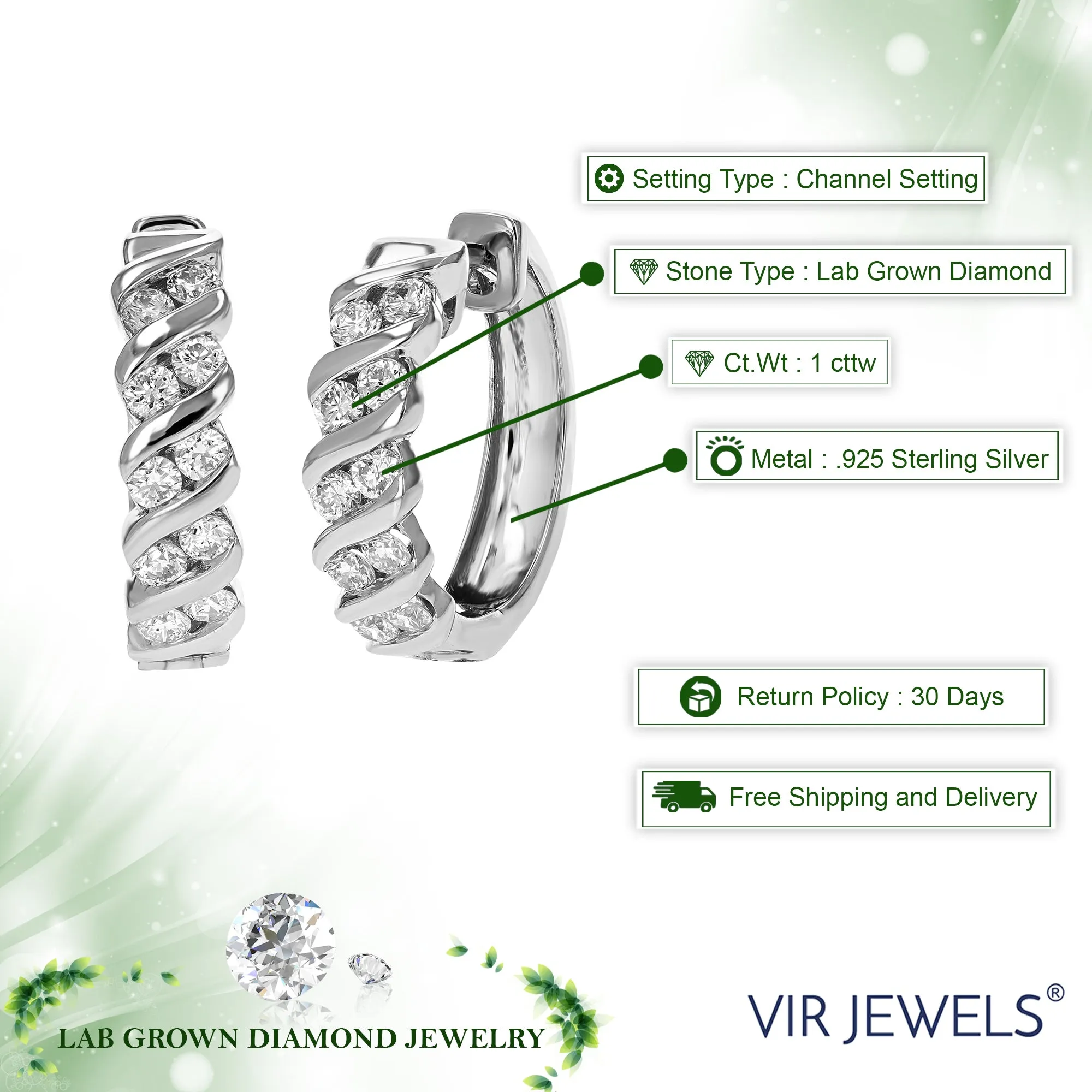 1 cttw Round Lab Grown Diamond Hoop Earrings .925 Sterling Silver Channel Set 3/4 Inch