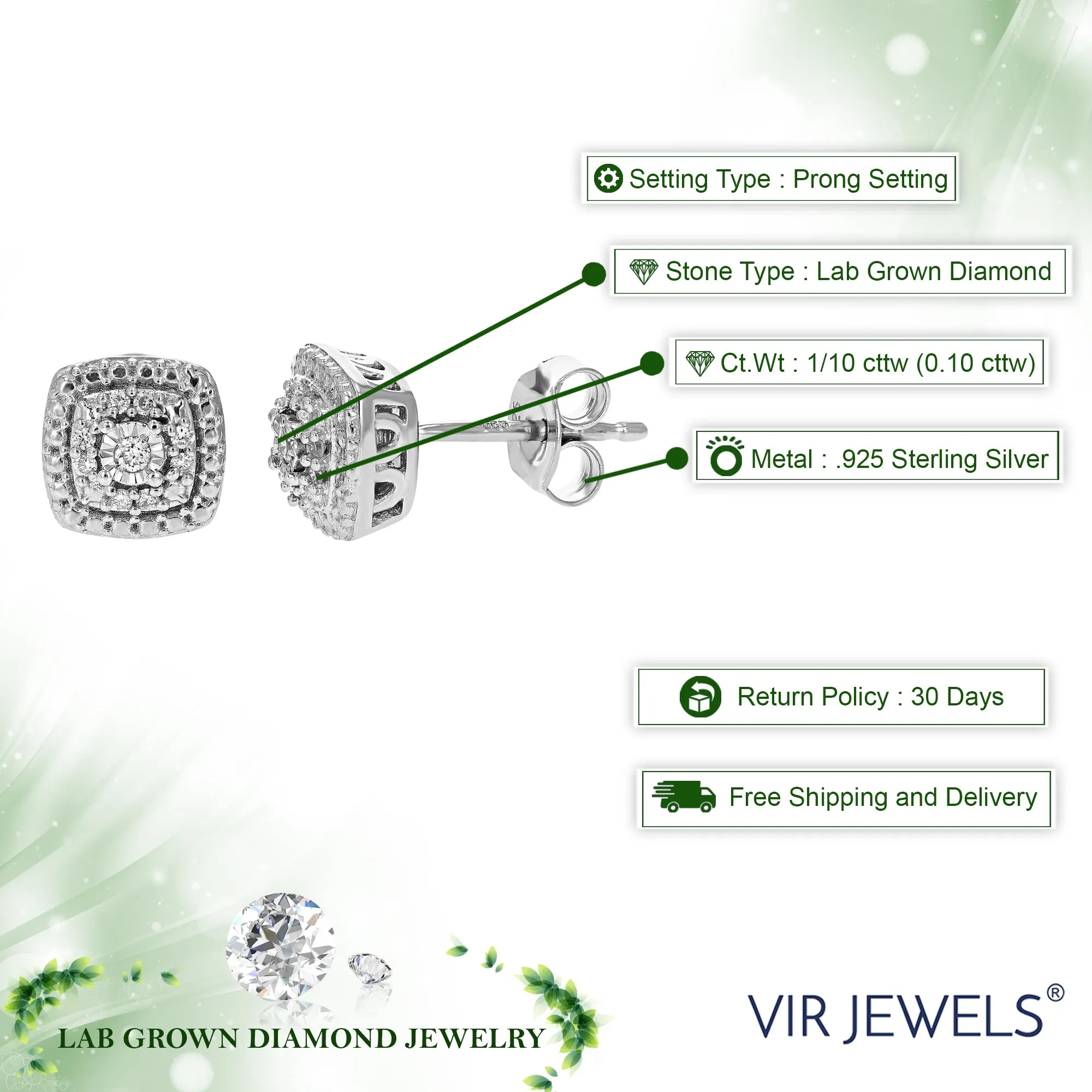 1/10 cttw Round Lab Grown Diamond Stud Earrings .925 Sterling Silver Prong Settings
