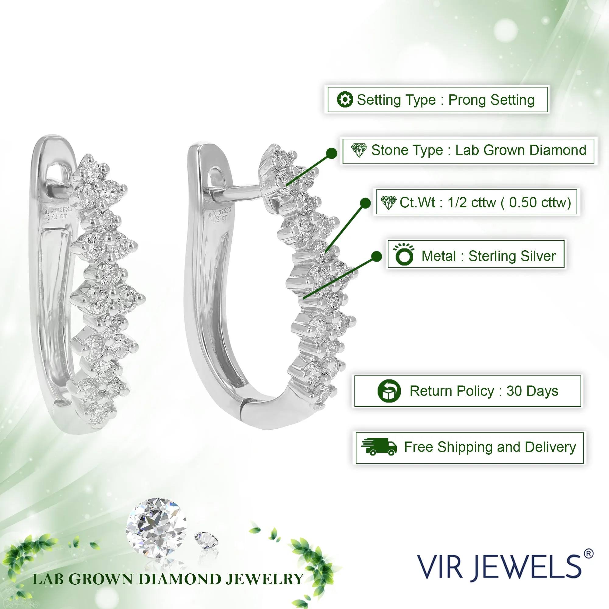 1/2 cttw Round Cut Lab Grown Diamond Hoop Earrings in .925 Sterling Silver Prong Set 2/3 Inch