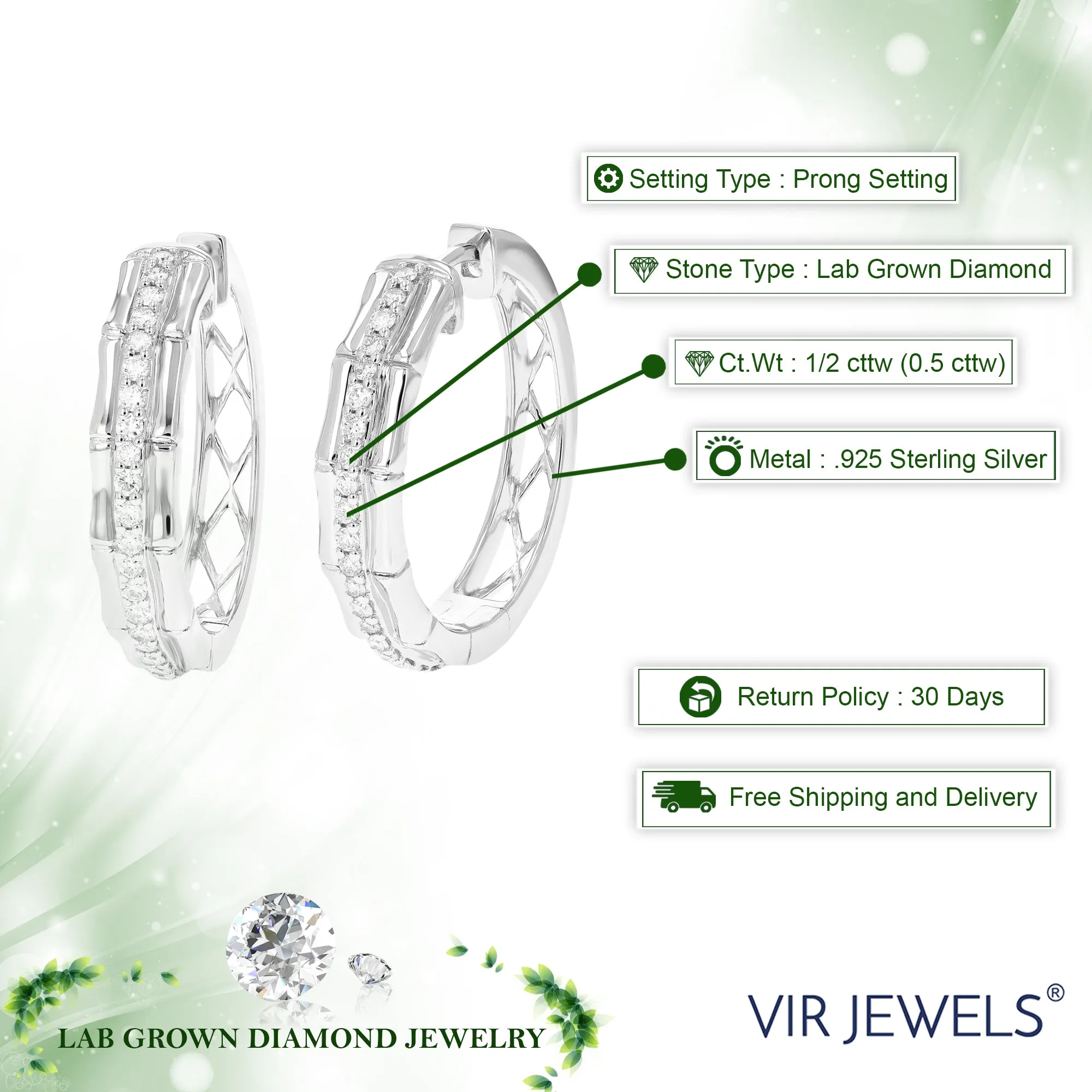 1/2 cttw Round Lab Grown Diamond Hoop Earrings .925 Sterling Silver Prong Set 1 Inch