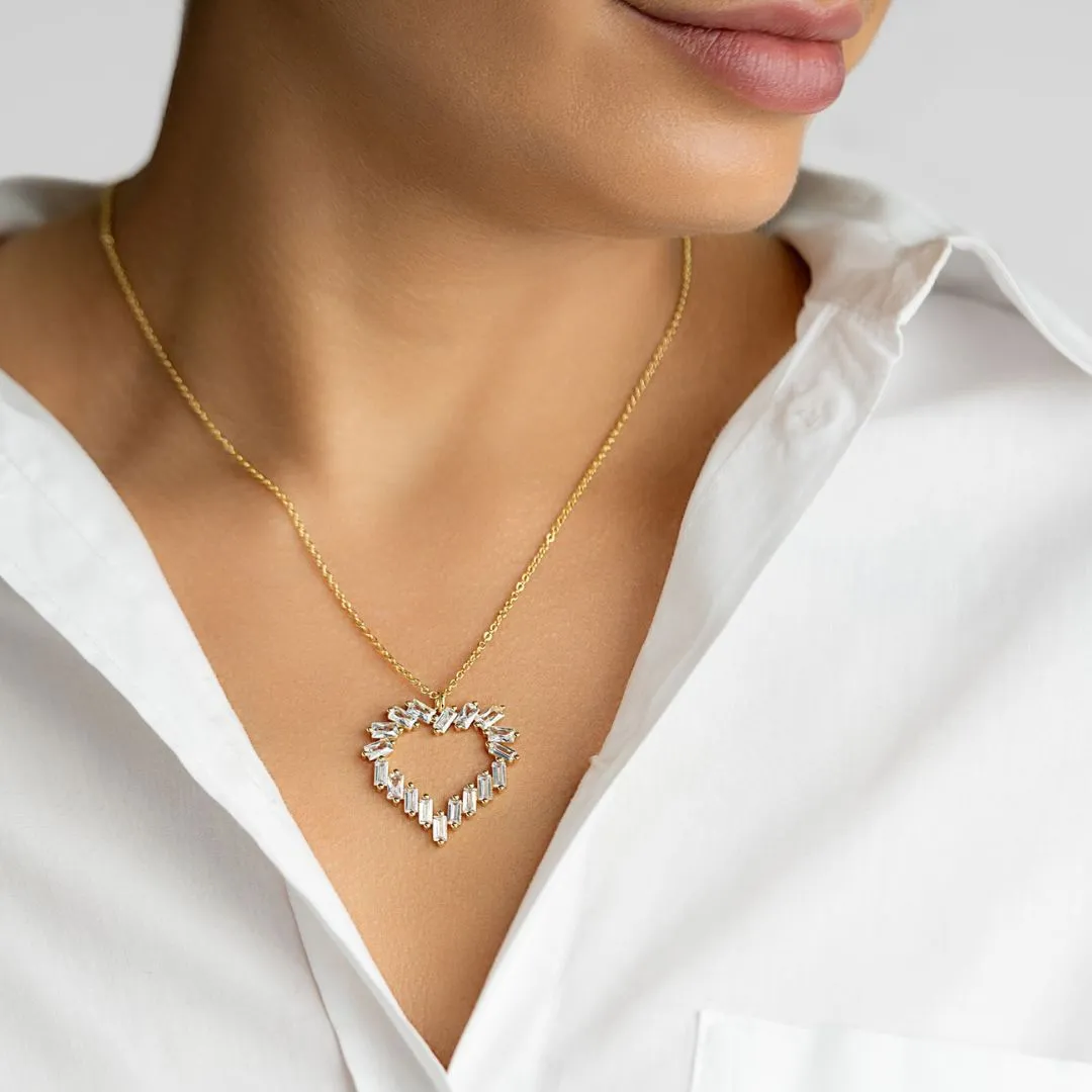 14k Gold Plated Crystal Baguette Heart Pendant Necklace