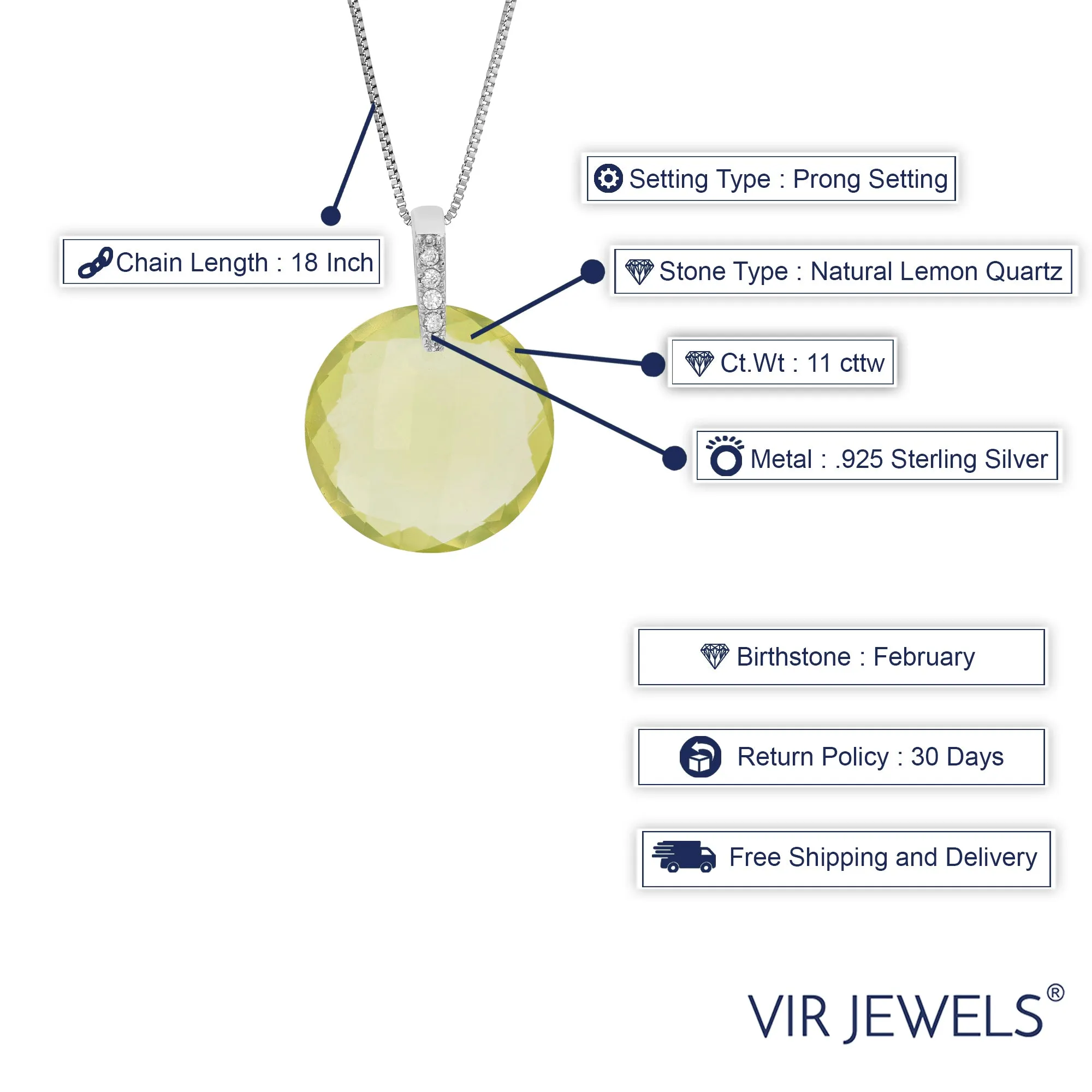 15 cttw Pendant Necklace, Lemon Quartz Pendant Necklace for Women in .925 Sterling Silver with 18 Inch Chain, Prong Setting