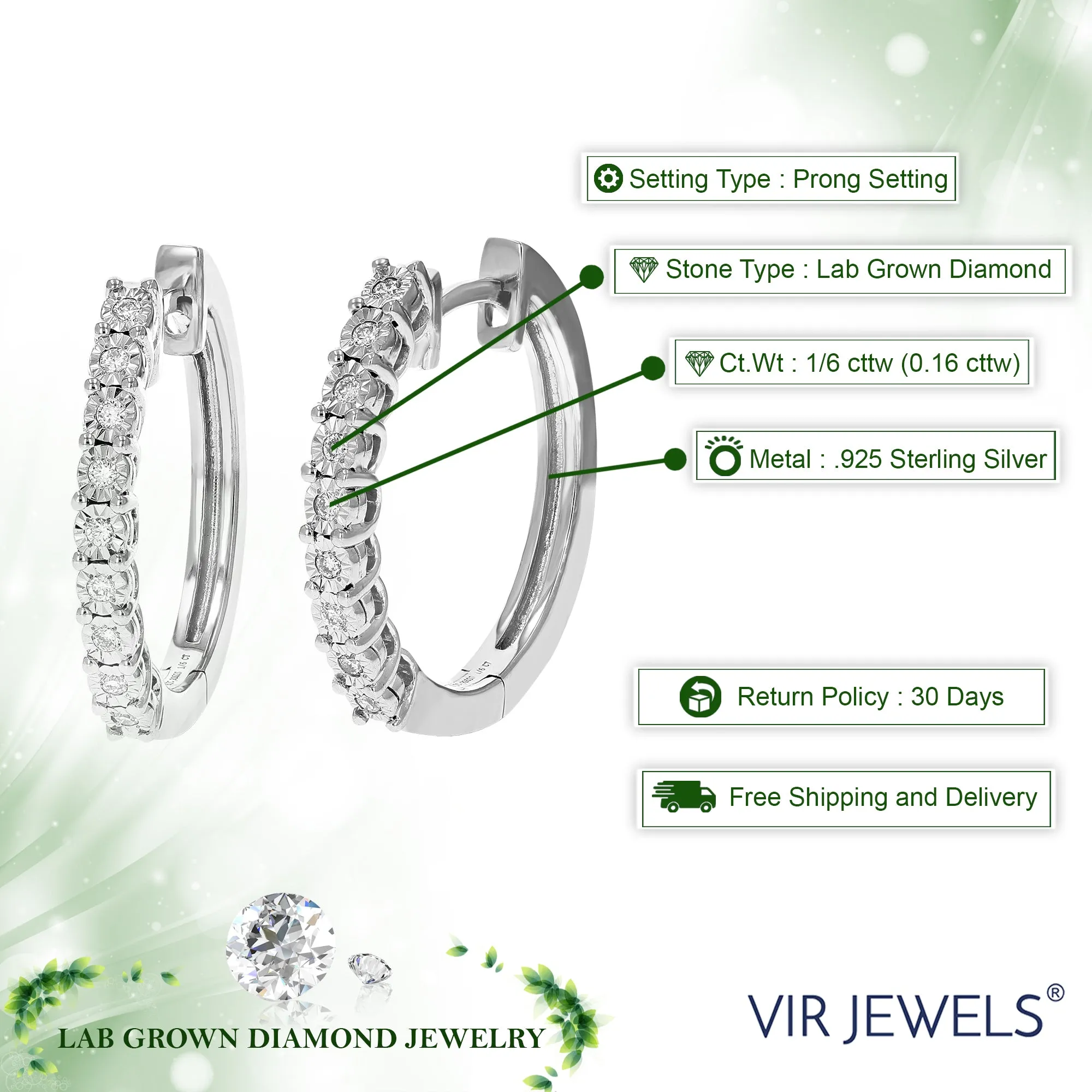 1/6 cttw Round Lab Grown Diamond Hoop Earrings in .925 Sterling Silver Prong Set