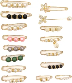 16Pcs Faux Pearl Brooch Shawl Clips Artificial Pearls Safety Pins Waist Pants Extender Cardigan Collar Clips Dress Decor for Girls Women