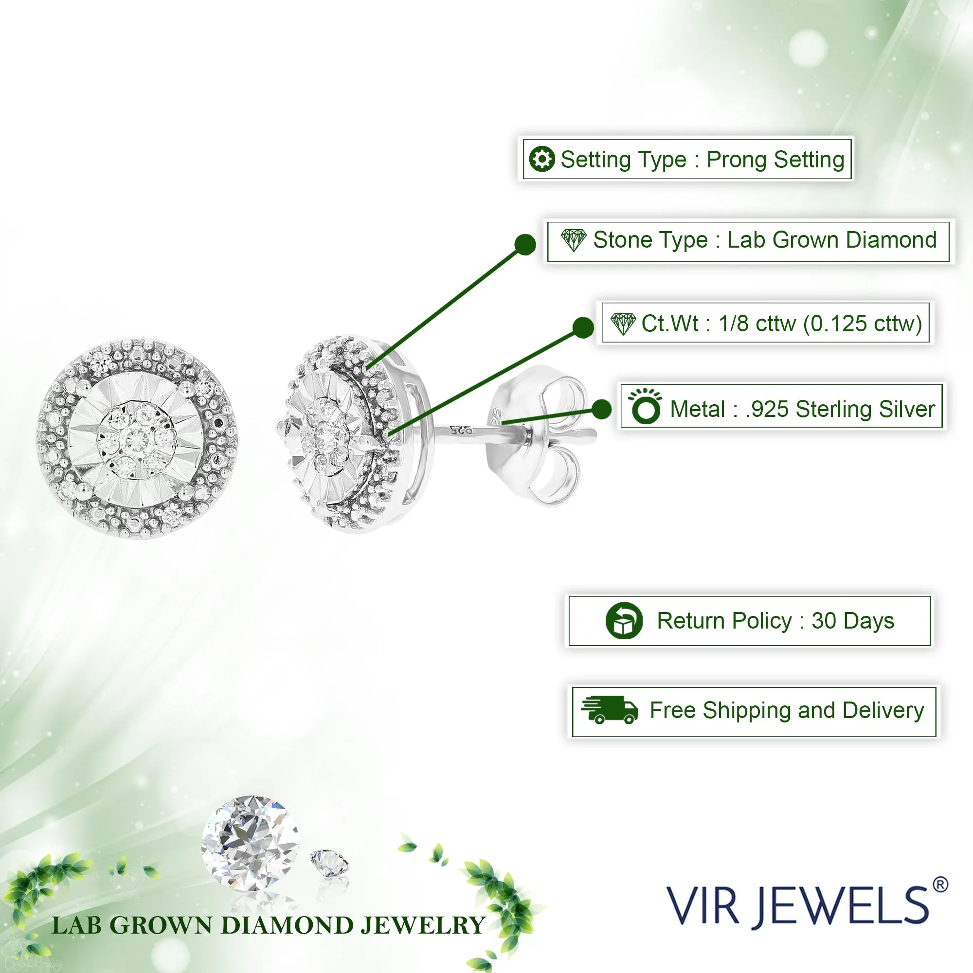 1/8 cttw 26 Stones Round Lab Grown Diamond Studs Earrings .925 Sterling Silver Prong Set 1/3 Inch