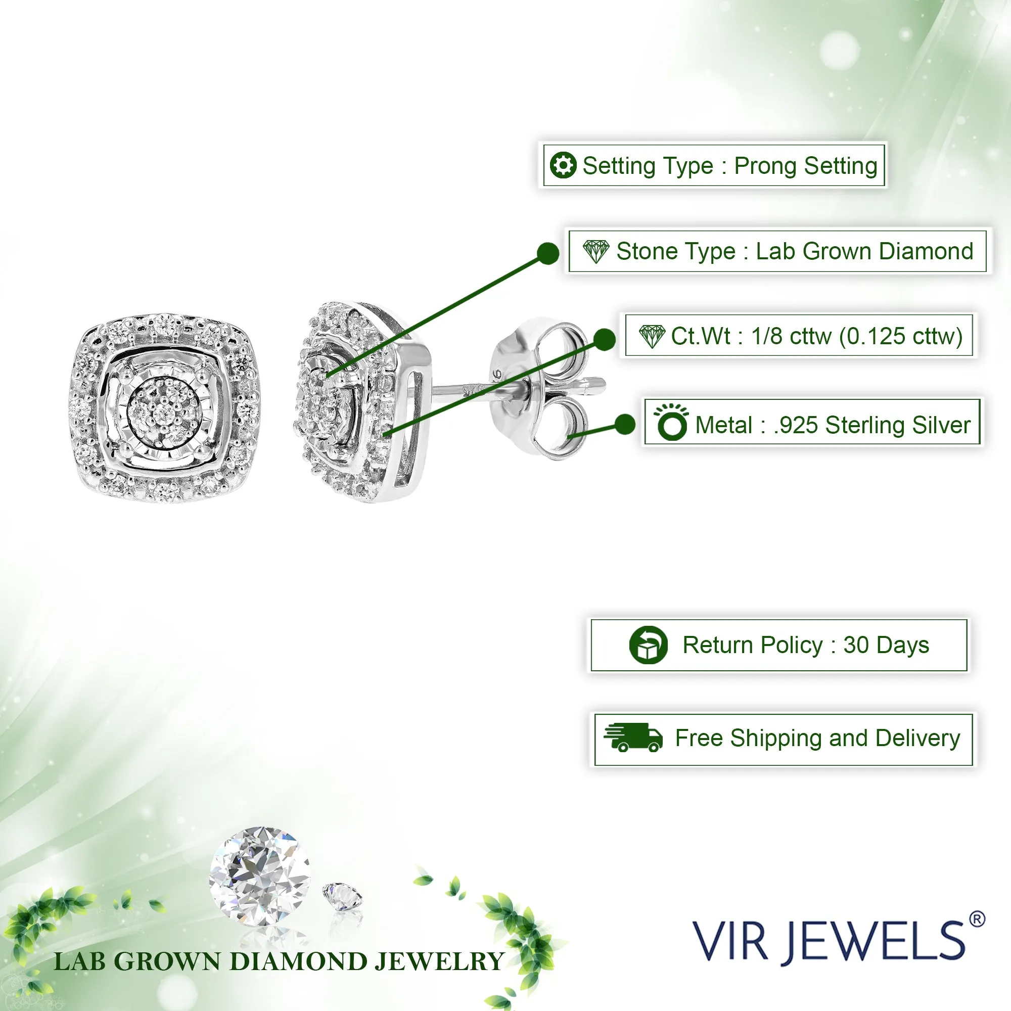 1/8 cttw Round Cut Lab Grown Diamond Stud Earrings in .925 Sterling Silver Prong Set