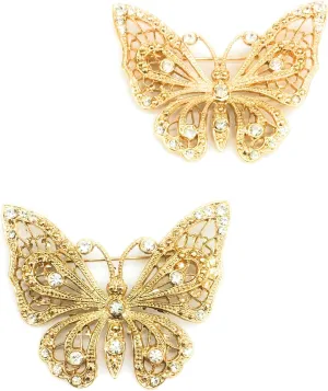 2 Rhinestone Gold Butterfly Brooches Pin - Butterfly Pin