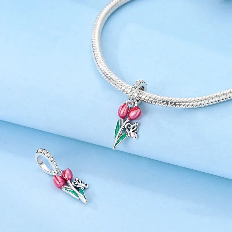 925 Sterling Silver Tulip Butterfly Pendant Fits Bracelets Diy Jewelry For Women