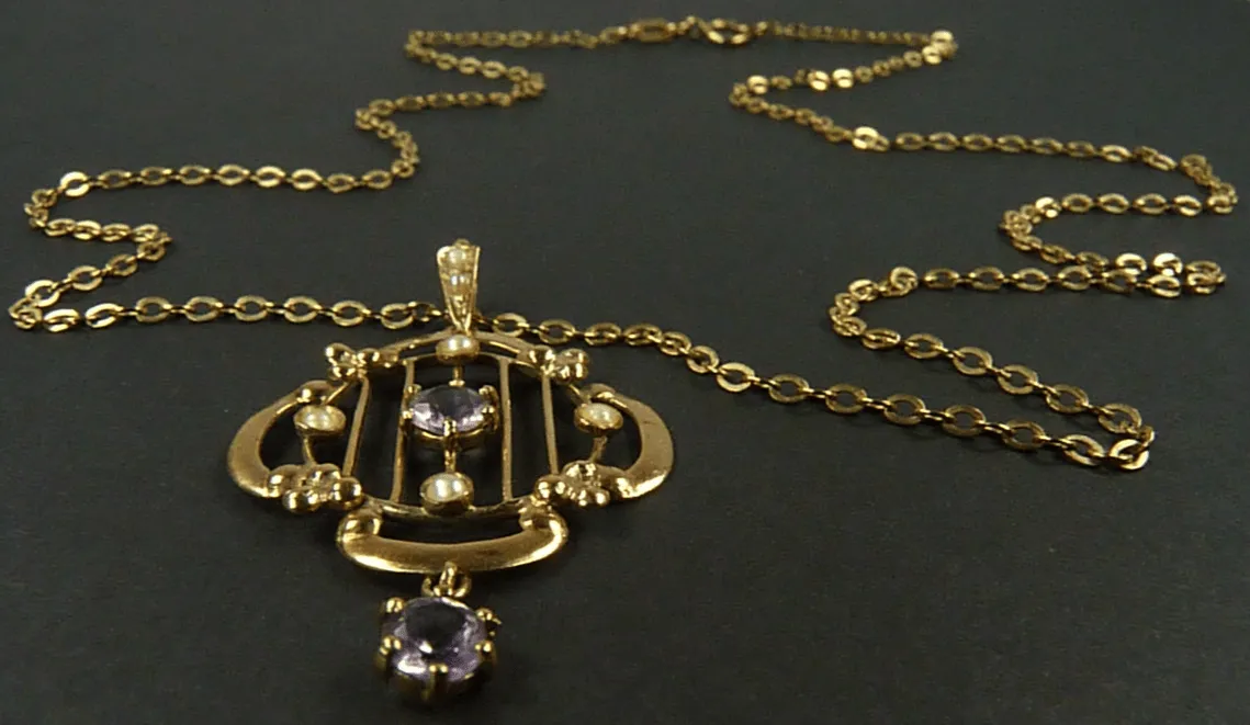 Art Nouveau Hallmarked Gold Seed Pearl And Amethyst Pendant And Chain