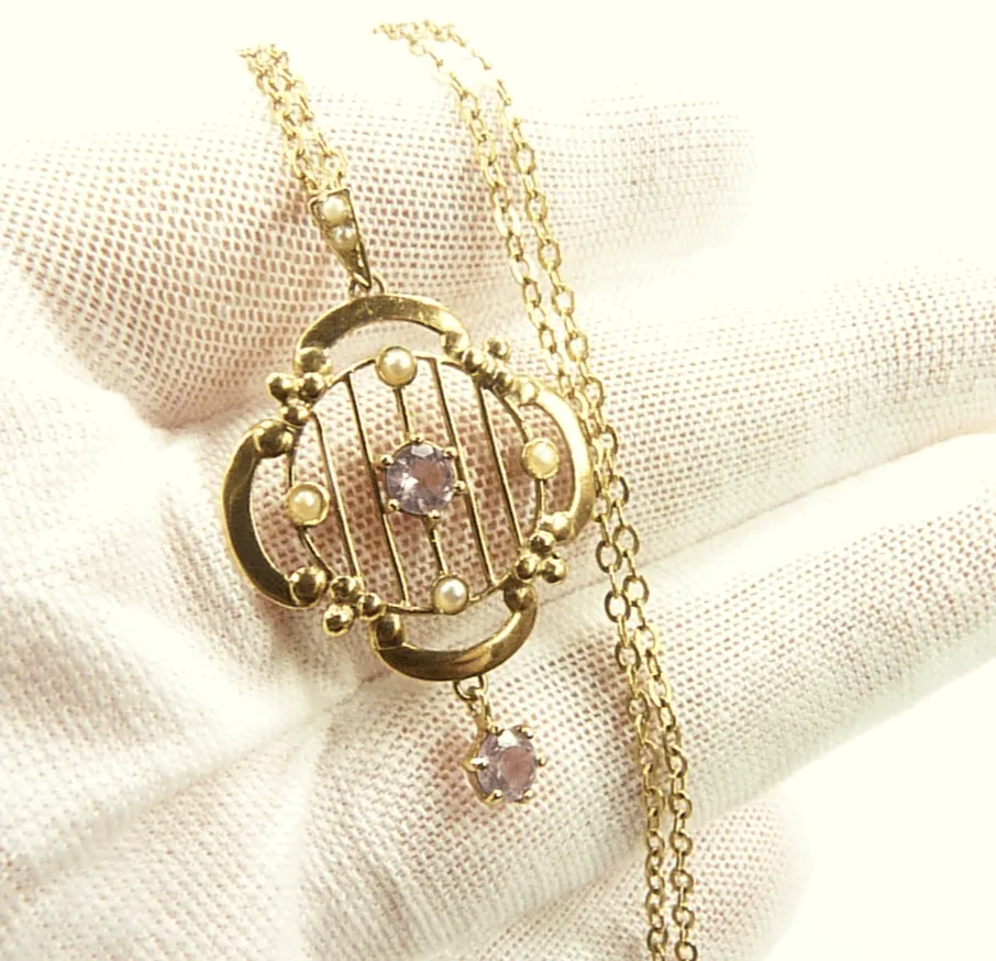 Art Nouveau Hallmarked Gold Seed Pearl And Amethyst Pendant And Chain