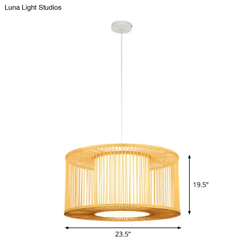 Asia Beige Bamboo Drum Pendant Light for Kitchen Bar - 1-Light Hanging Pendant, Multiple Sizes Available (16"/19.5"/23.5" W)