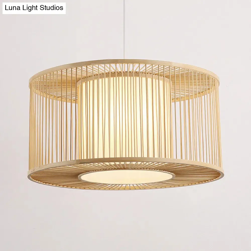 Asia Beige Bamboo Drum Pendant Light for Kitchen Bar - 1-Light Hanging Pendant, Multiple Sizes Available (16"/19.5"/23.5" W)