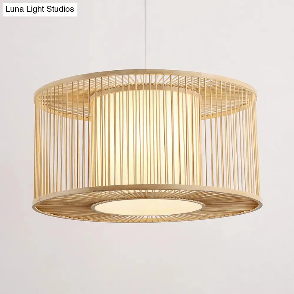 Asia Beige Bamboo Drum Pendant Light for Kitchen Bar - 1-Light Hanging Pendant, Multiple Sizes Available (16"/19.5"/23.5" W)
