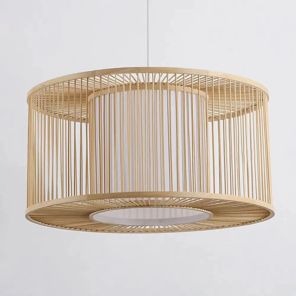 Asia Beige Bamboo Drum Pendant Light for Kitchen Bar - 1-Light Hanging Pendant, Multiple Sizes Available (16"/19.5"/23.5" W)