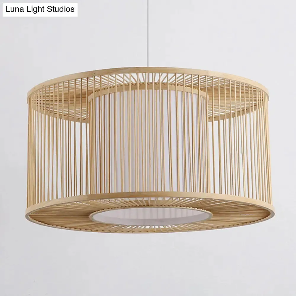 Asia Beige Bamboo Drum Pendant Light for Kitchen Bar - 1-Light Hanging Pendant, Multiple Sizes Available (16"/19.5"/23.5" W)