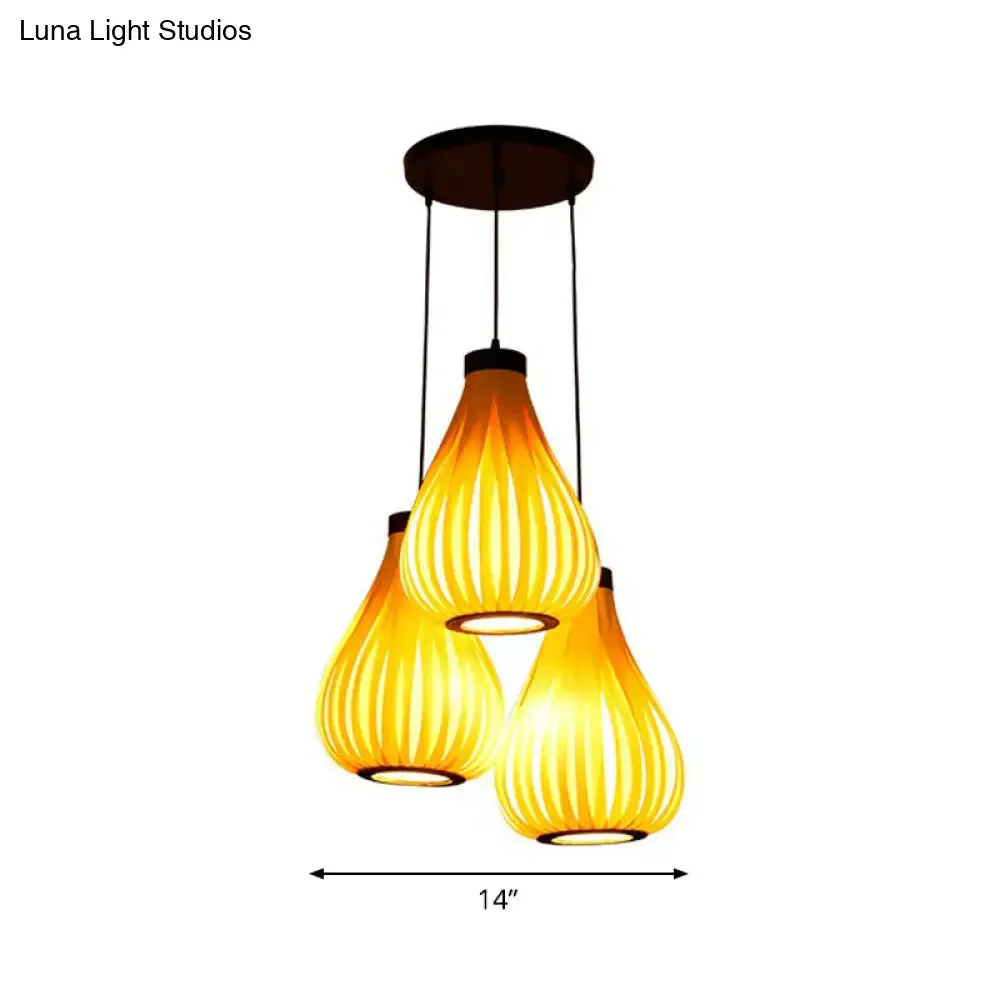 Asian Teardrop Pendant Light Trio - Wooden Cluster for Restaurant Ceilings