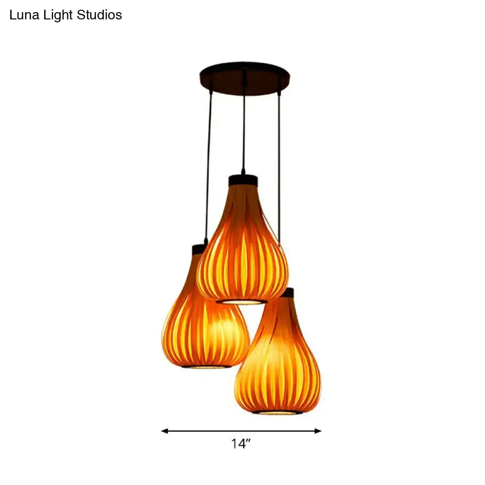 Asian Teardrop Pendant Light Trio - Wooden Cluster for Restaurant Ceilings