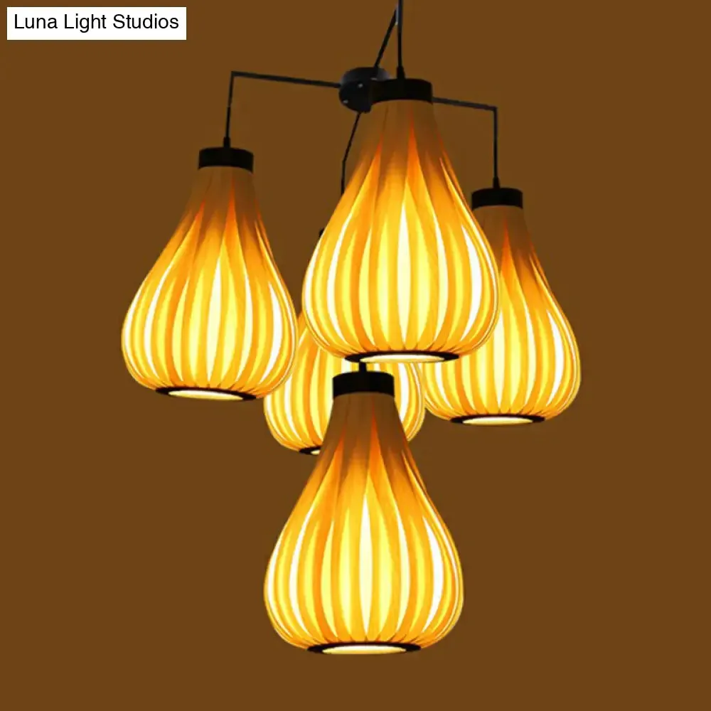Asian Teardrop Pendant Light Trio - Wooden Cluster for Restaurant Ceilings