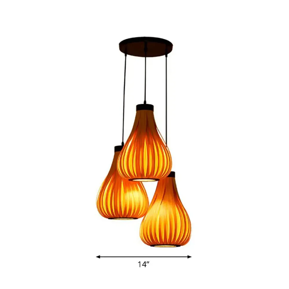 Asian Teardrop Pendant Light Trio - Wooden Cluster for Restaurant Ceilings