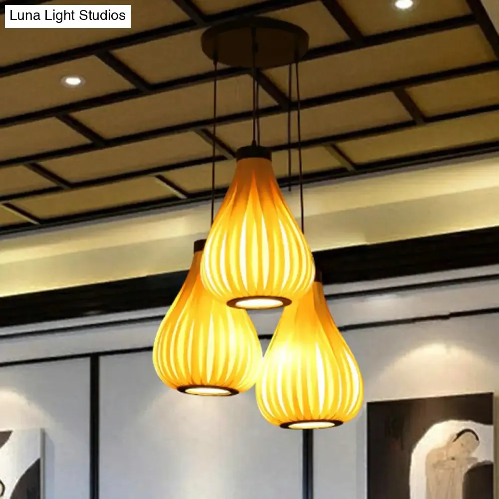 Asian Teardrop Pendant Light Trio - Wooden Cluster for Restaurant Ceilings