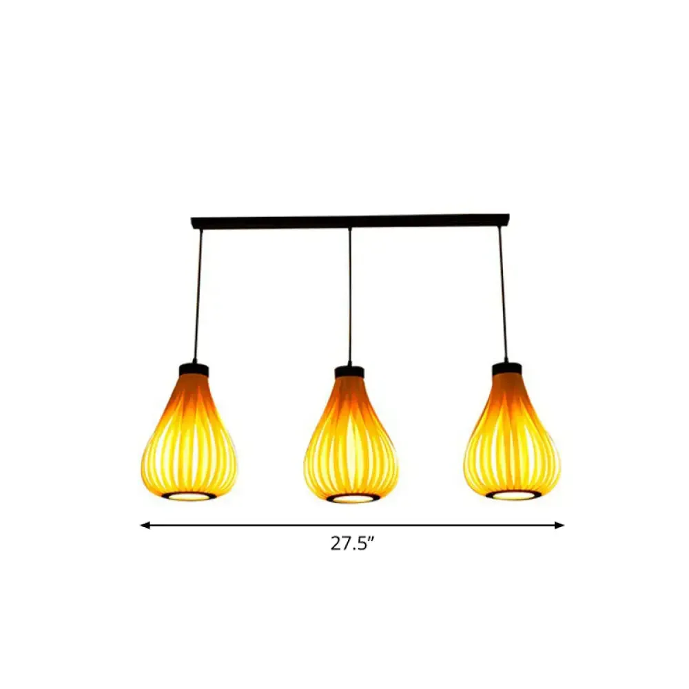 Asian Teardrop Pendant Light Trio - Wooden Cluster for Restaurant Ceilings