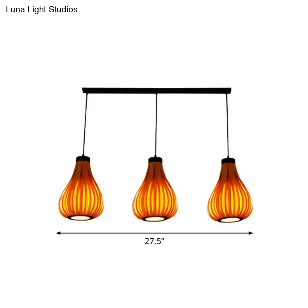 Asian Teardrop Pendant Light Trio - Wooden Cluster for Restaurant Ceilings