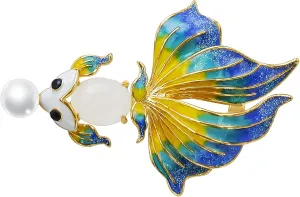 Brooches For Women14k Gold Plated CopperPearl Enamel Brooch Pins For WomenGoldfish BroachPearl BroachChinese Style BroachFish Broach