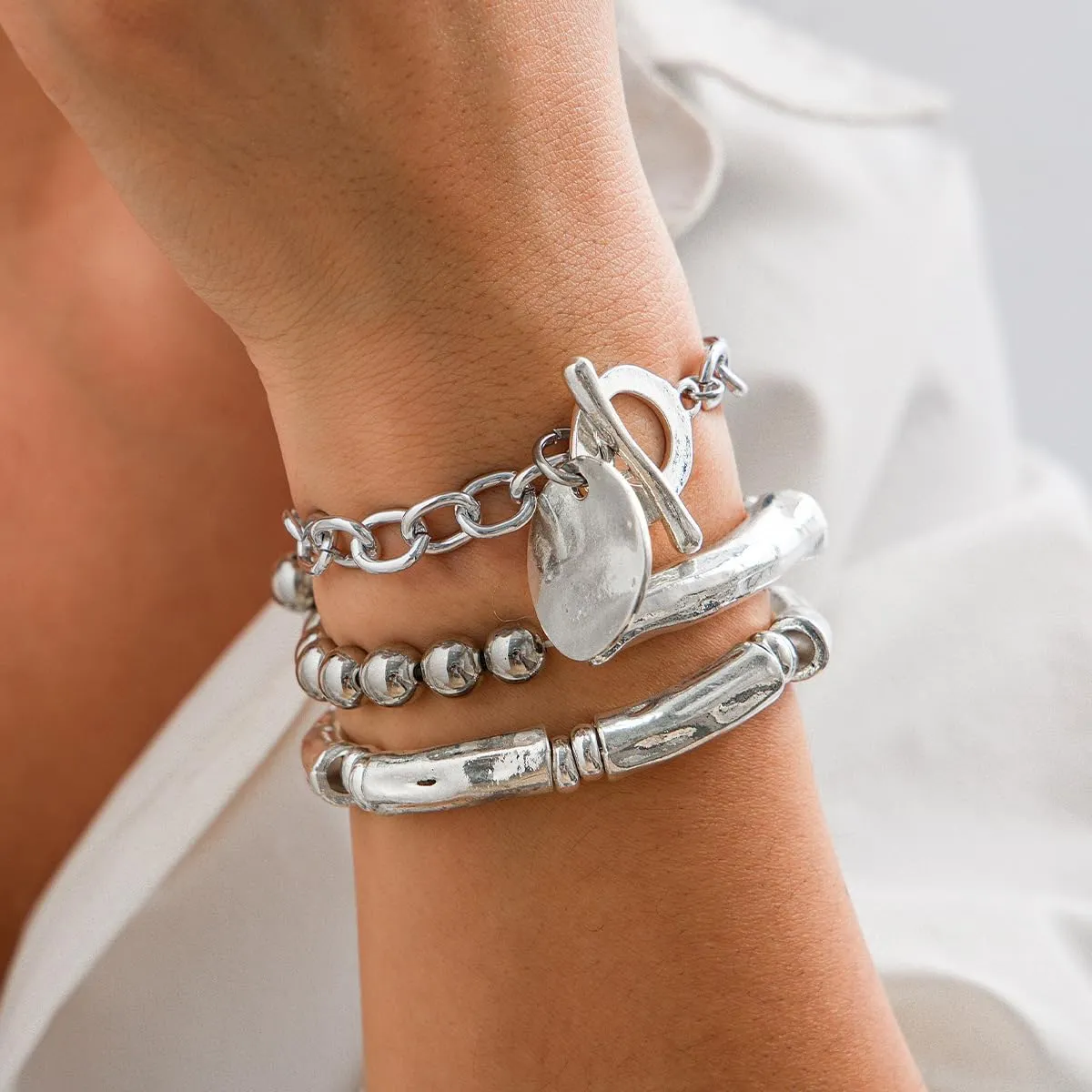Chunky Silver Charm Bracelets for Women Stackable Chain Bracelets Punk Gothic Bangle Jewelry