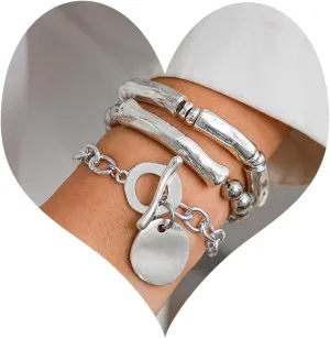 Chunky Silver Charm Bracelets for Women Stackable Chain Bracelets Punk Gothic Bangle Jewelry