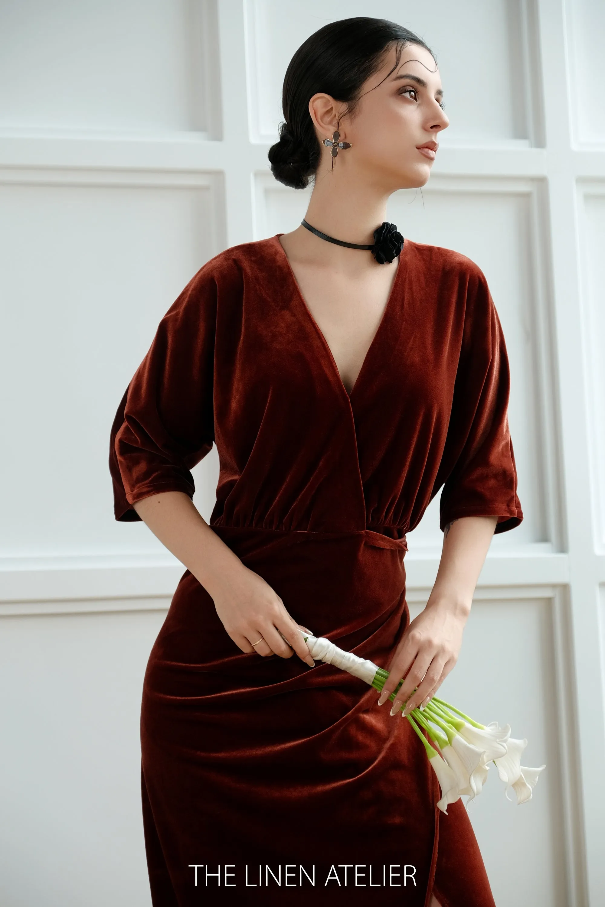 DEBEE Velvet Wrap V Neck Tie Waist Dress