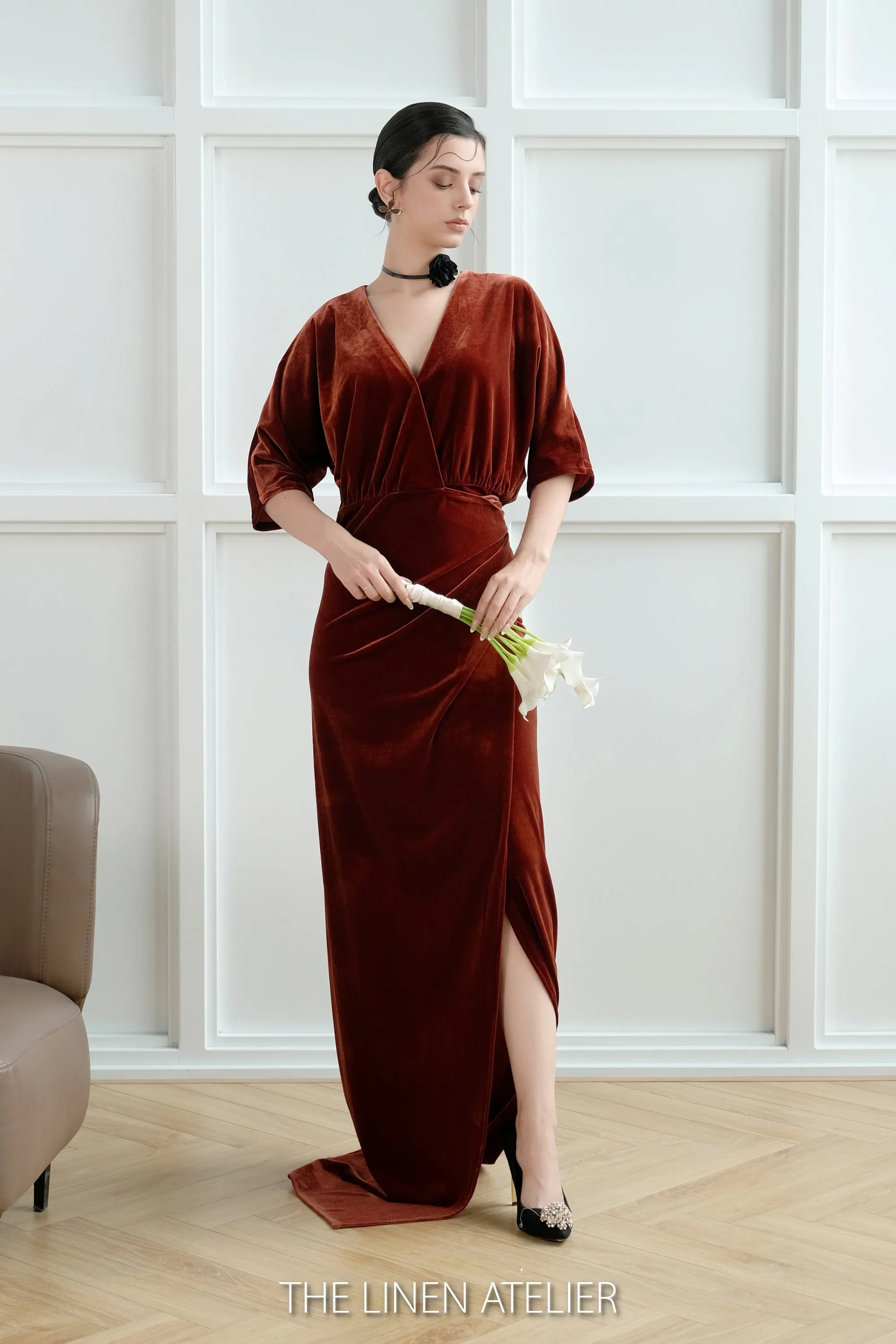 DEBEE Velvet Wrap V Neck Tie Waist Dress