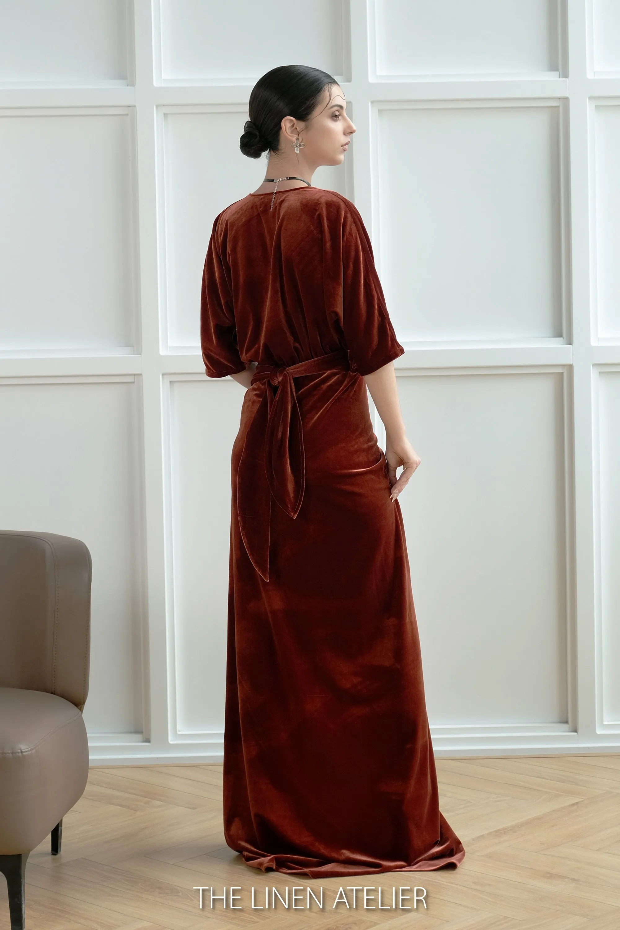 DEBEE Velvet Wrap V Neck Tie Waist Dress