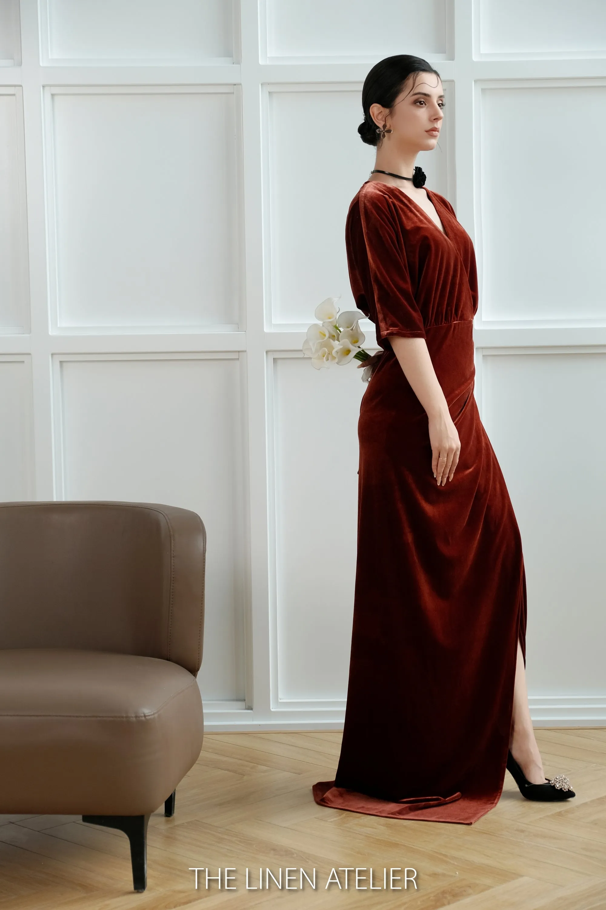 DEBEE Velvet Wrap V Neck Tie Waist Dress