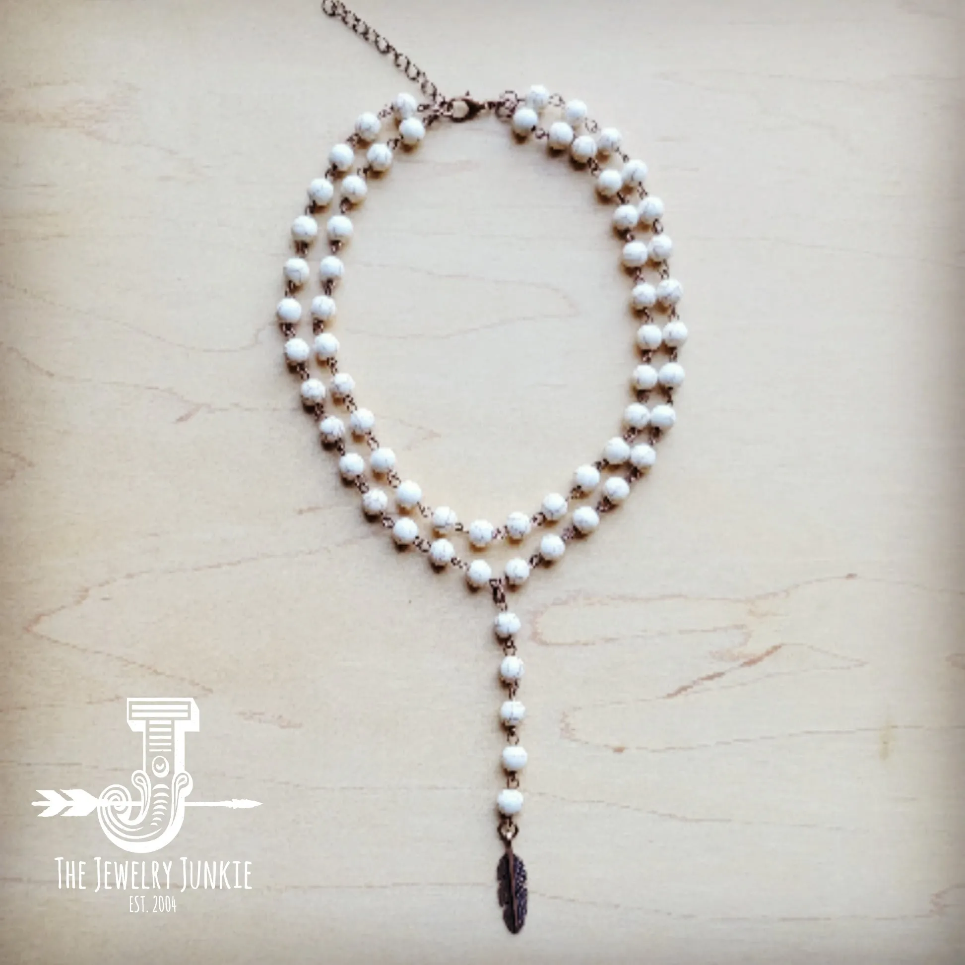 Double Strand Lariat White Turquoise Necklace w/ Copper Feather 259q