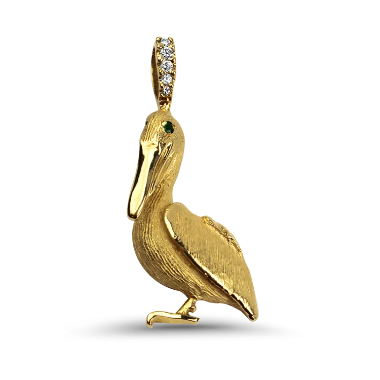 Estate 14k Yellow Gold Diamond & Emerald Pelican Brooch