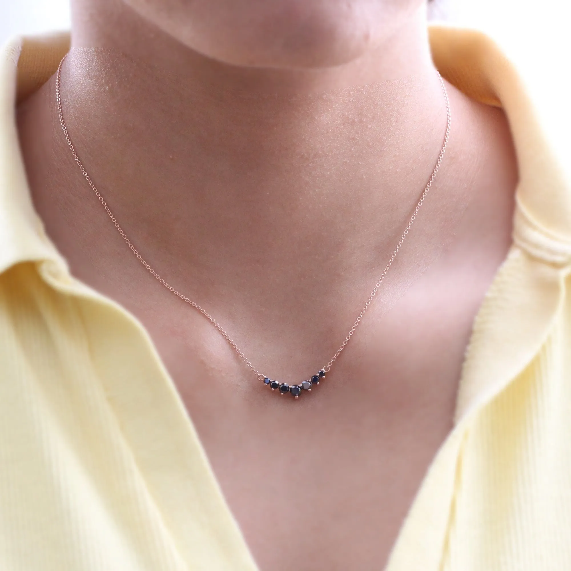 Large 7 Black Diamond Pendant in 14k Gold Curved Cluster Necklace