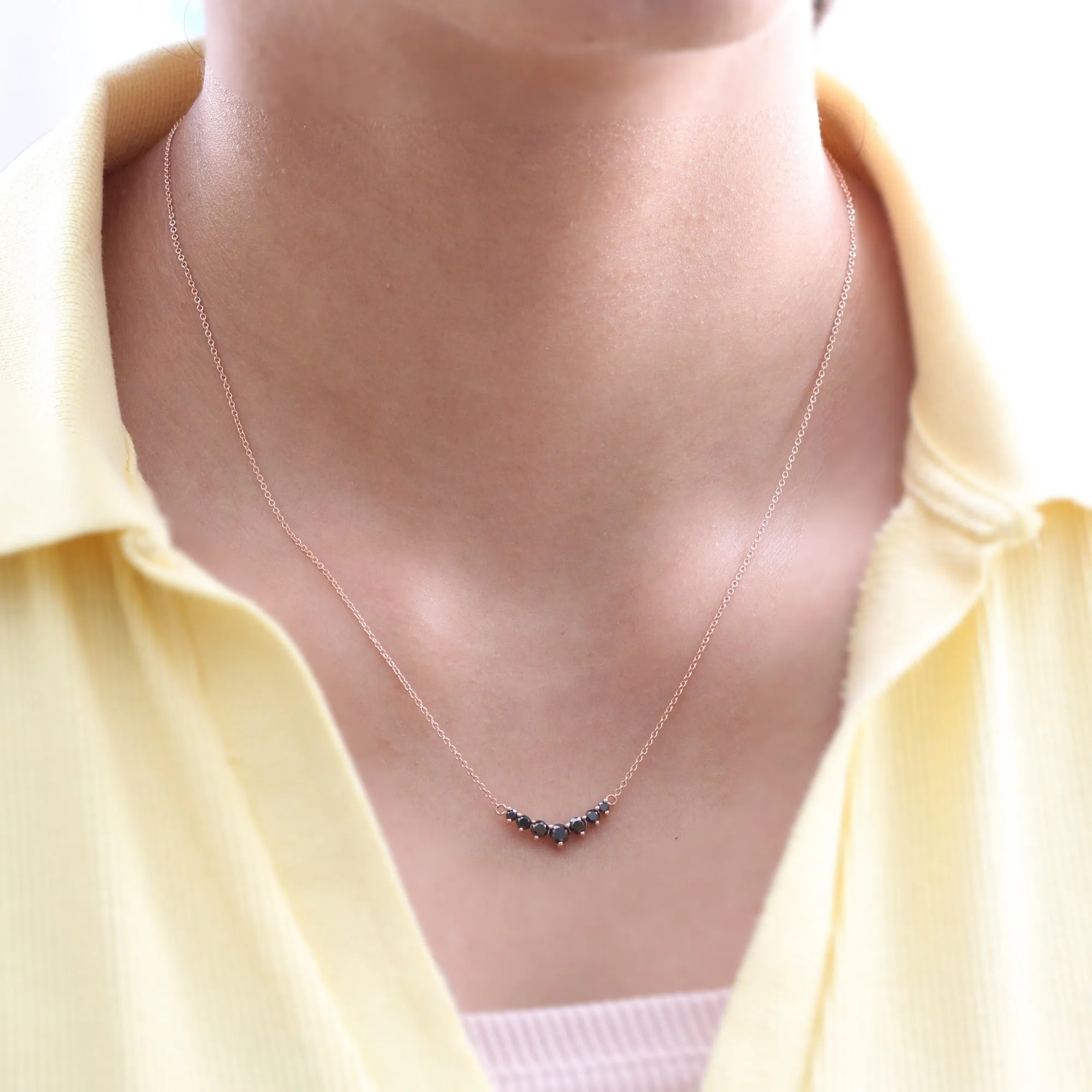 Large 7 Black Diamond Pendant in 14k Gold Curved Cluster Necklace