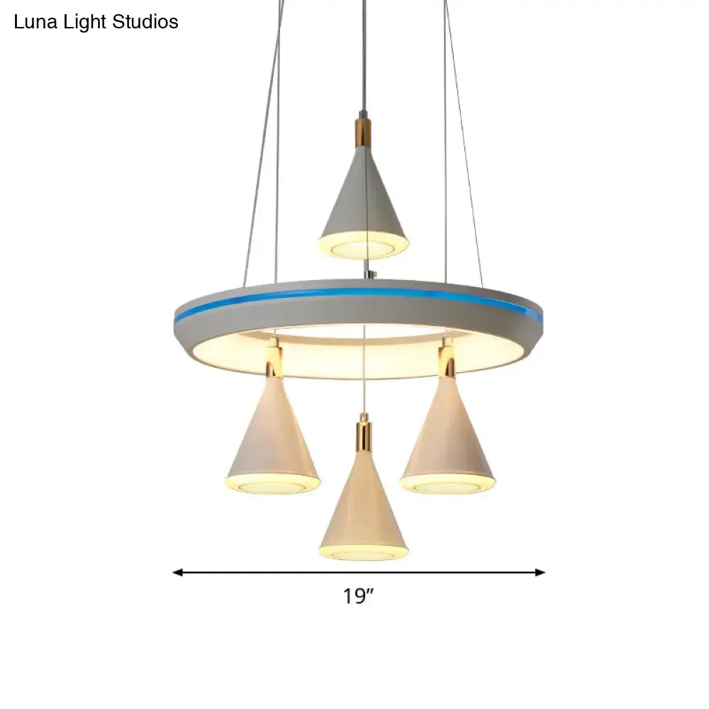 Modern Acrylic LED Pendant Light with Conical Shape and 4-Head Suspension, White Finish