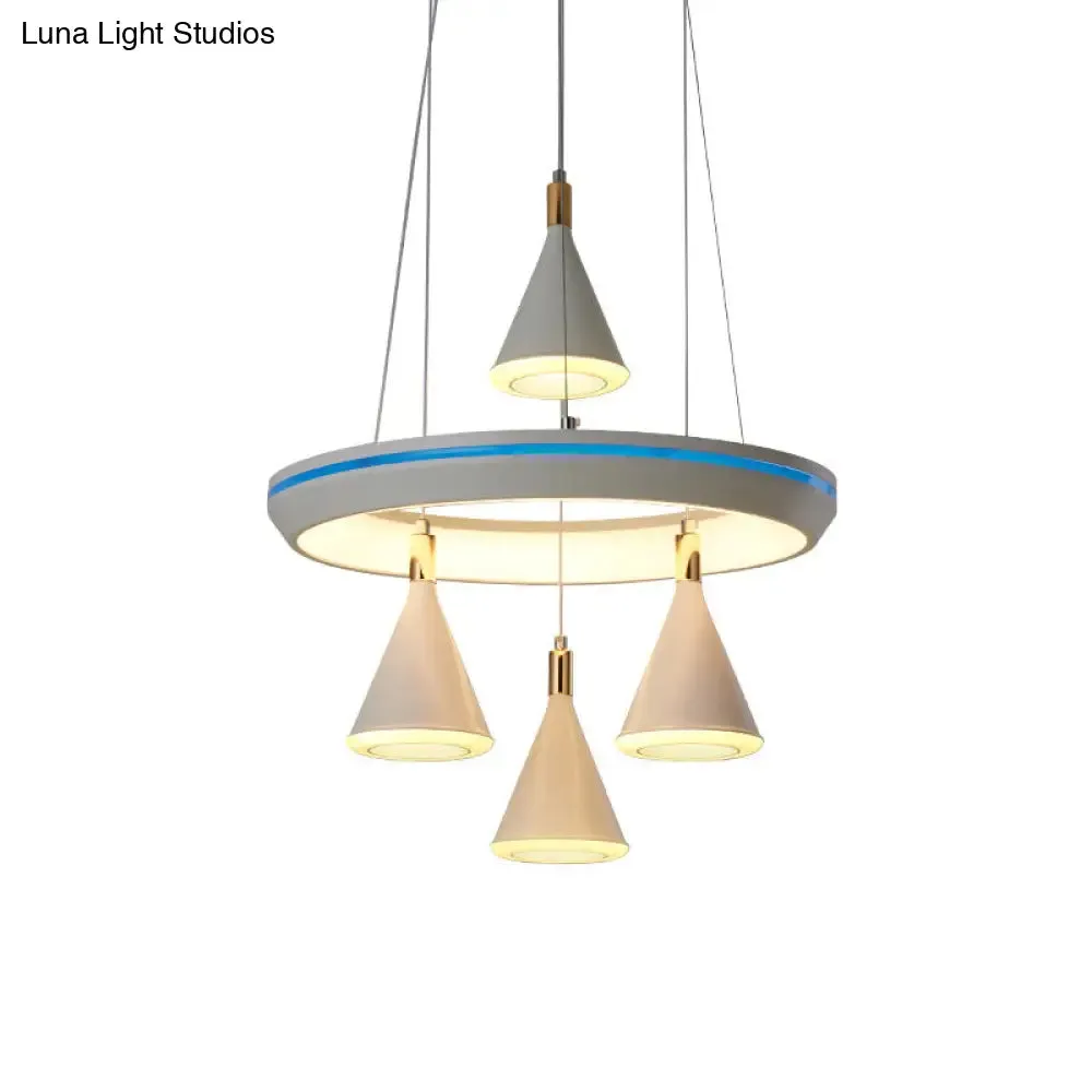 Modern Acrylic LED Pendant Light with Conical Shape and 4-Head Suspension, White Finish