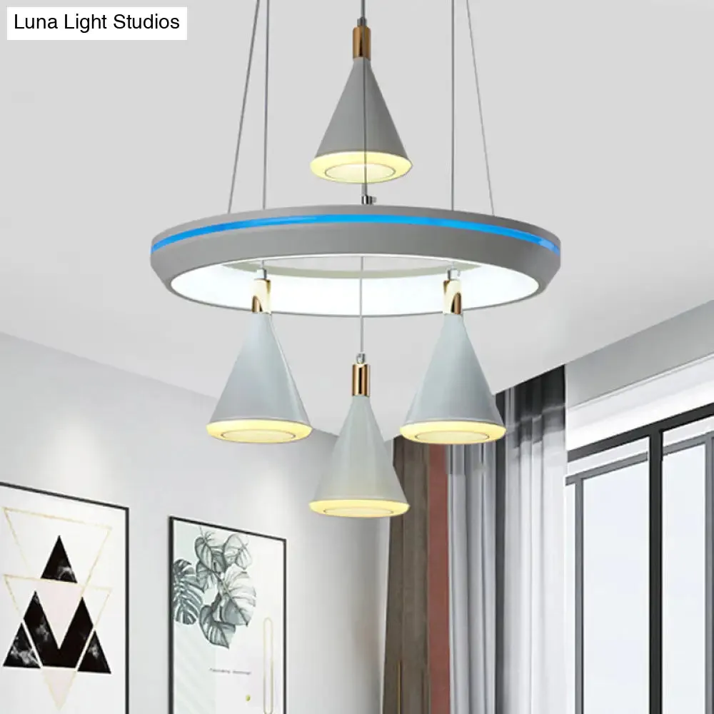 Modern Acrylic LED Pendant Light with Conical Shape and 4-Head Suspension, White Finish
