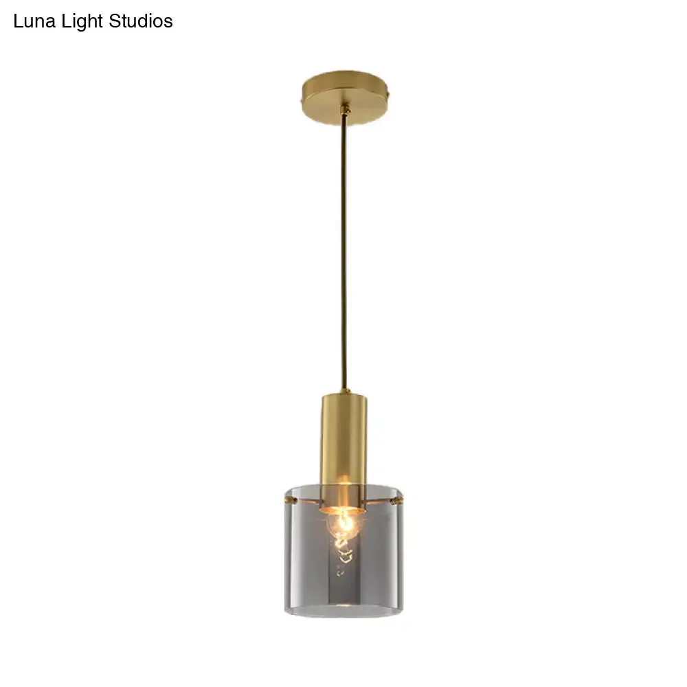 Modern Clear Glass Cylinder Pendant Light - 1 Head Brass Hanging Ceiling Light for Dining Room