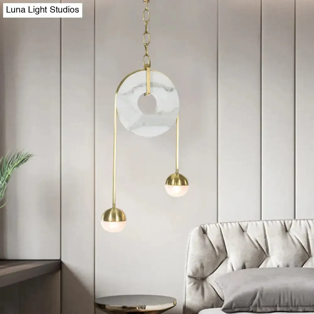 Modern Gold Pendant Light with White Glass LED, Pull-chain and 2 Lights