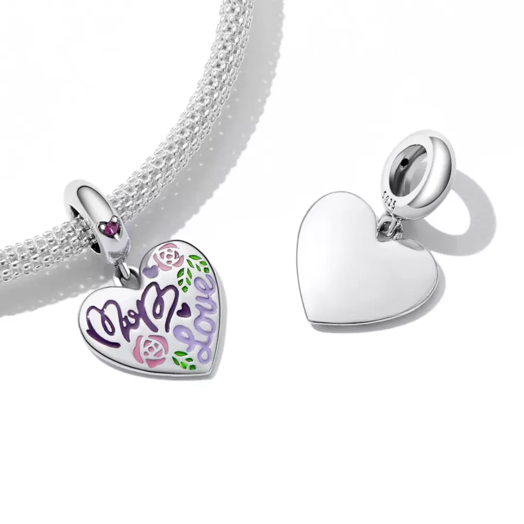 MOM Love Heart Dangle Charm 925 Sterling Silver