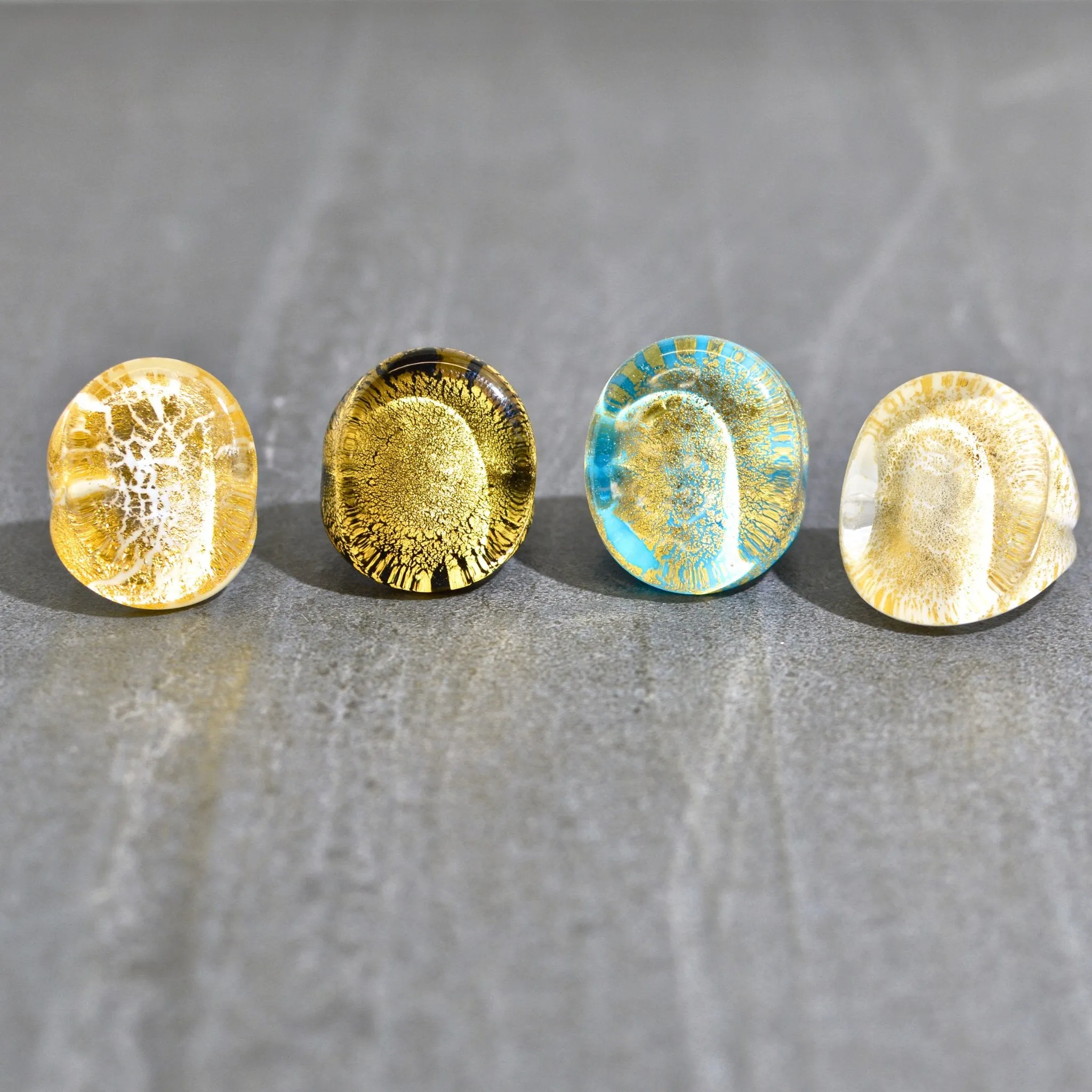 Murano Glass Ovale Large Statement Rings, 24 karat gold