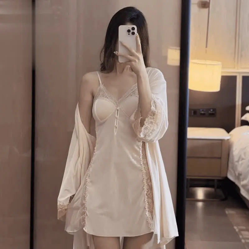 New Plus Size Velvet Lurex Same Style Nightdress Sequin Pearl Strap Sexy Sheer Robe Pajama Set
