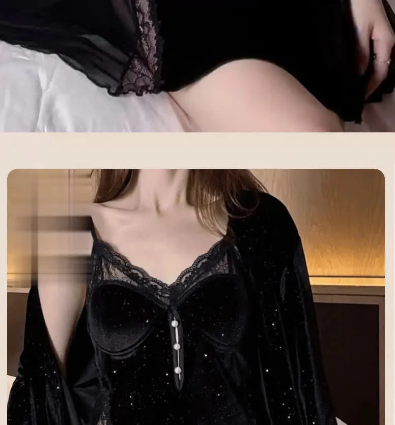 New Plus Size Velvet Lurex Same Style Nightdress Sequin Pearl Strap Sexy Sheer Robe Pajama Set