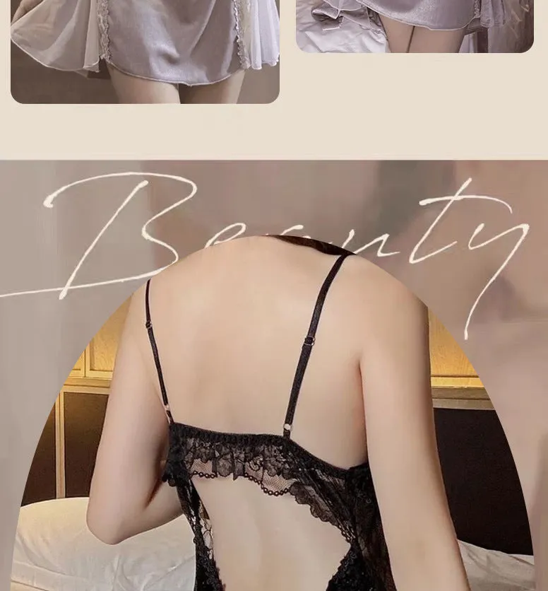 New Plus Size Velvet Lurex Same Style Nightdress Sequin Pearl Strap Sexy Sheer Robe Pajama Set
