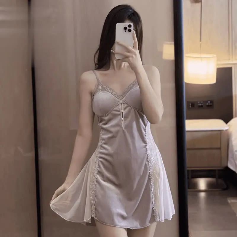 New Plus Size Velvet Lurex Same Style Nightdress Sequin Pearl Strap Sexy Sheer Robe Pajama Set